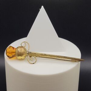Vintage MCM Scottish Celtic Gold Plated Thistle Citrine Glass Sword Brooch